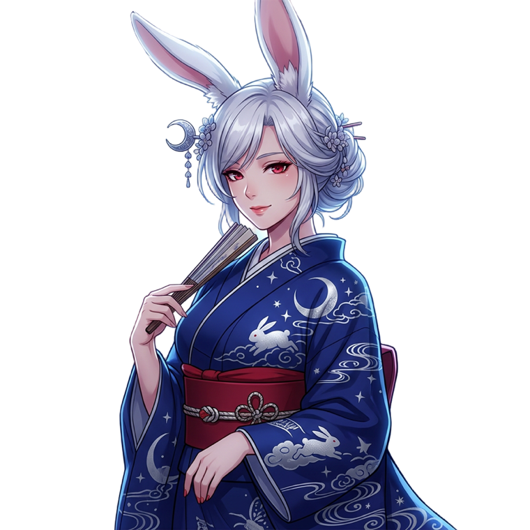 Tsukiyo, the Lunvaine mascot: an anime moon-rabbit woman in a night-blue kimono holding a fan
